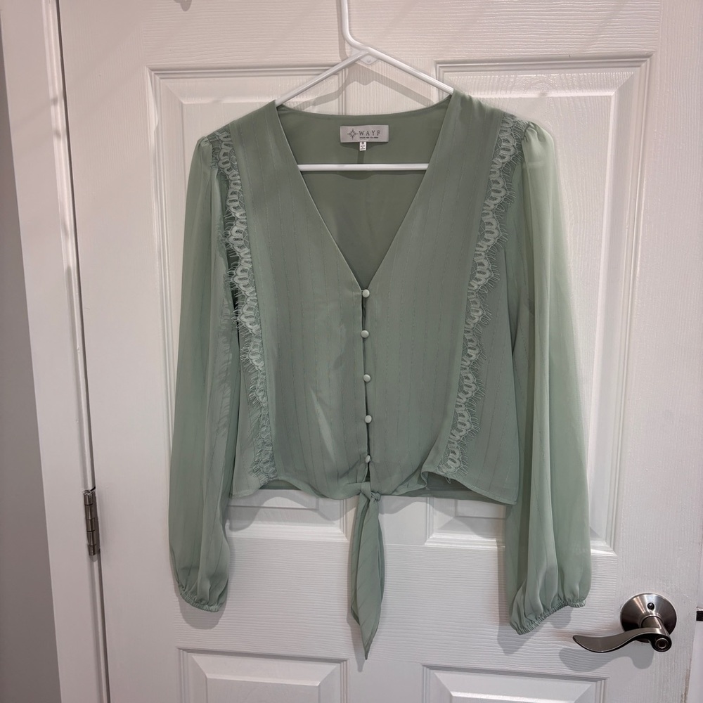 WAYF Lace Trim Knotted Long Sleeve Blouse - Picture 3 of 6